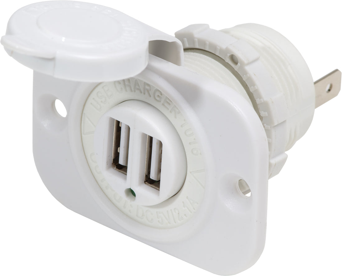 Blue Sea Dual USB 2.1A Charger Port 12/24vDC Socket Mount, White - 1016200-BSS
