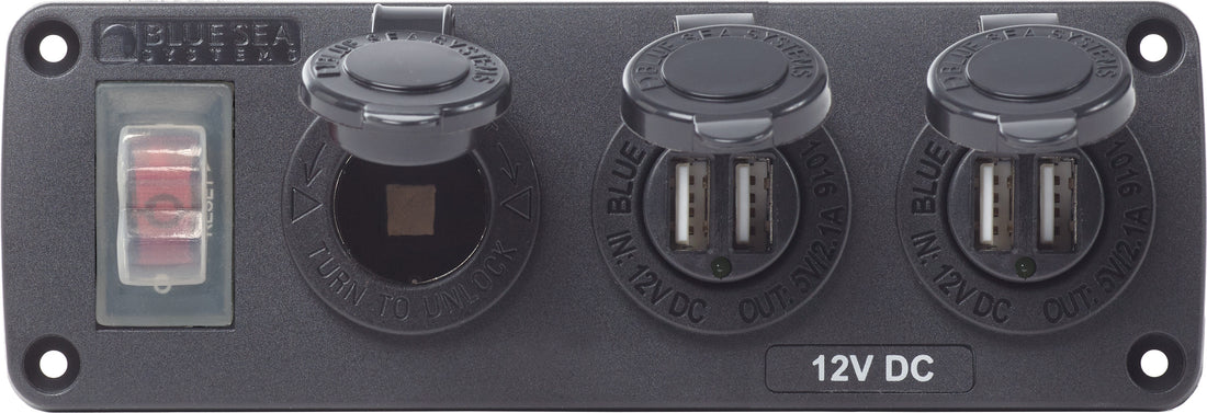 Blue Sea Water-Resistant 12V 15A Circuit Accessory Panel 12v Socket and Dual USB x 2 - 4365-BSS