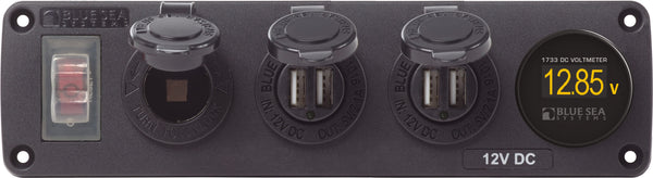 Blue Sea Water-Resistant 12V 15A Circuit Accessory Panel Socket, 2-Dual USB, Volt Meter - 4368-BSS