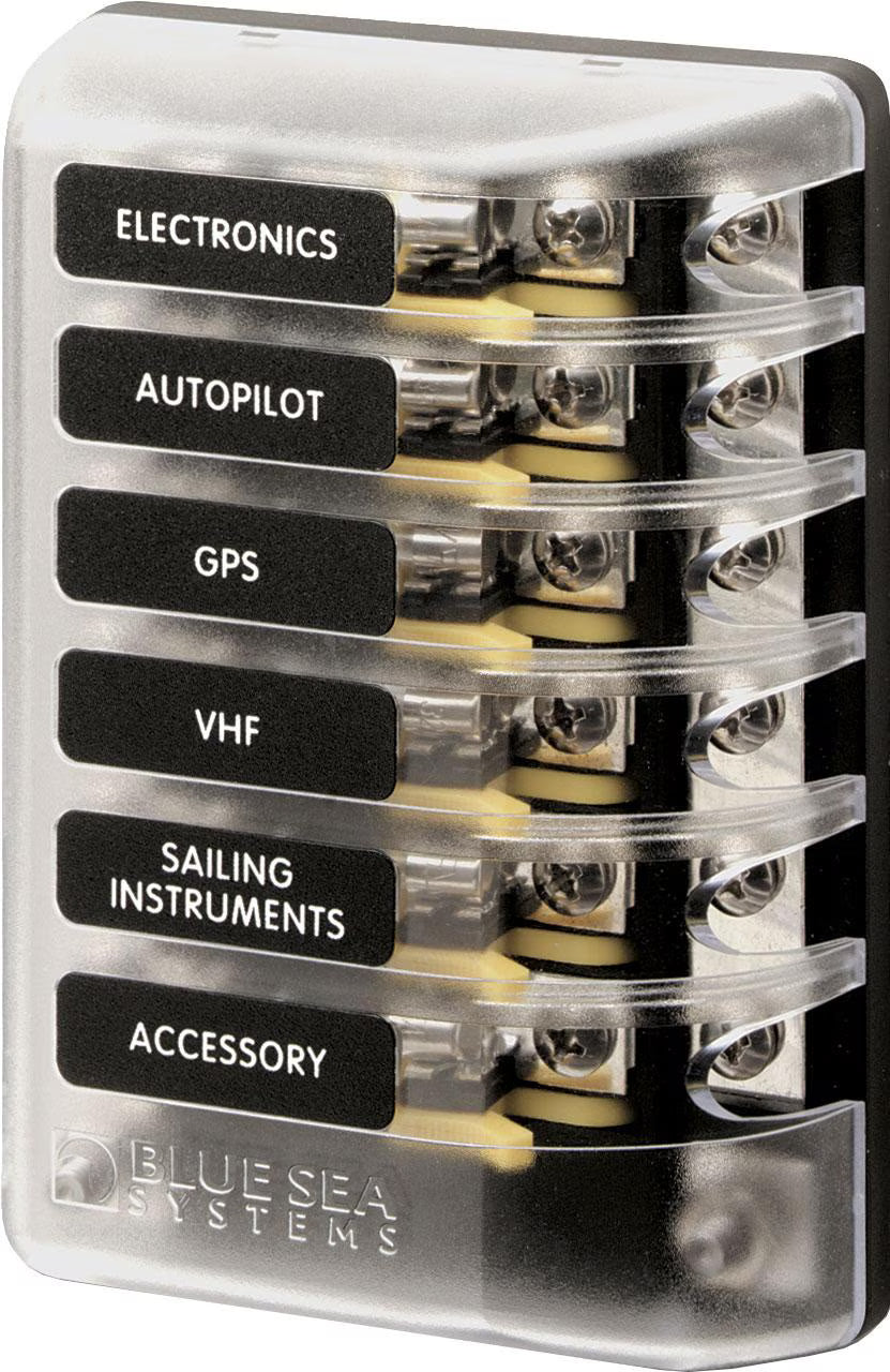 Blue Sea 5015 ST Glass 6 Circuit Fuse Block with Negative Bus and Cover - 5015-BSS