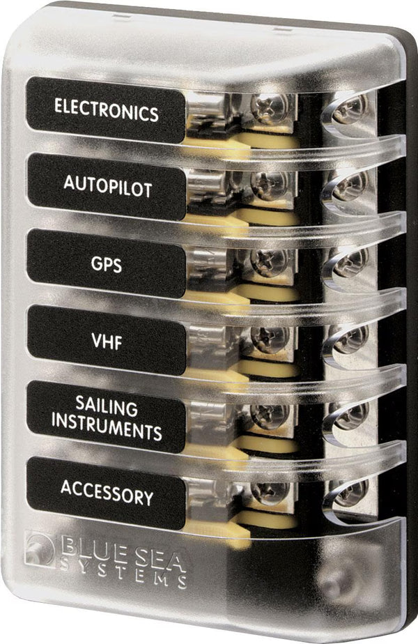 Blue Sea 5015 ST Glass 6 Circuit Fuse Block with Negative Bus and Cover - 5015-BSS
